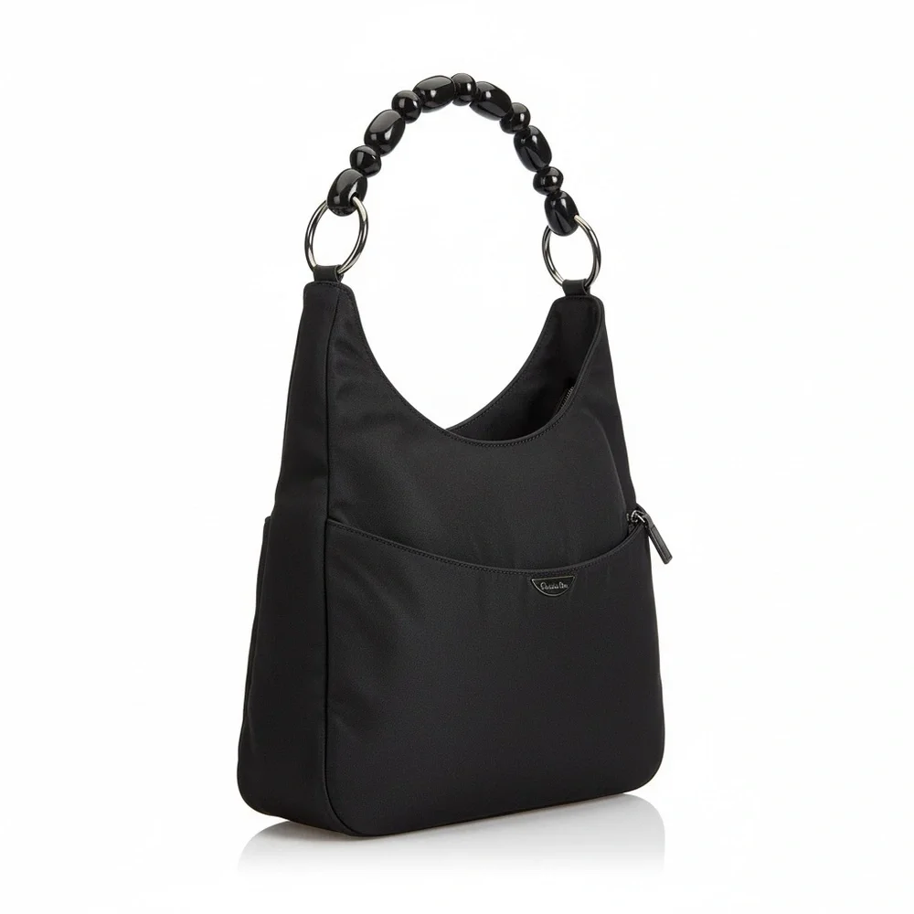 Vintage Christian Dior Black Nylon Beaded Hobo Bag Y2K Minimalist Shoulder Bag